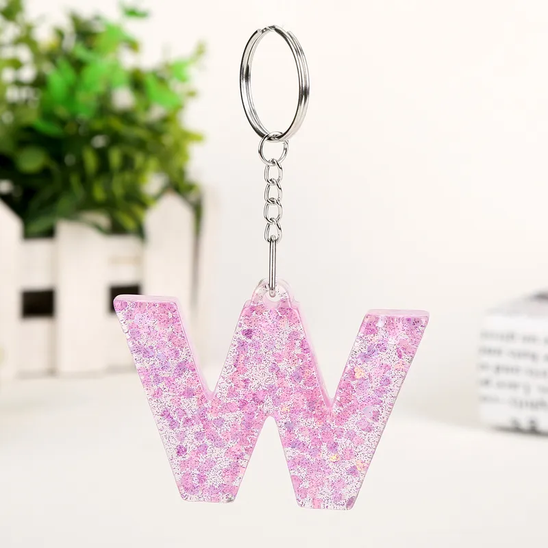 Keyring 26 English Word English Letter Keychain Glitter Harts A to Q Handbag Charms för Woman1254s