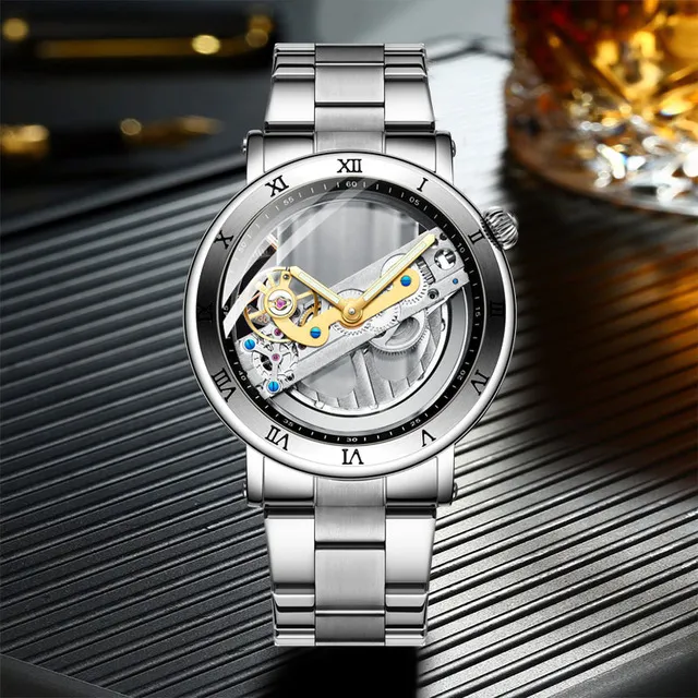 Forsining Men Skeleton Automatic Mechanical Watches Men Double Side Transparent Stainless Steel Watches Fashion Luminous Clock217b