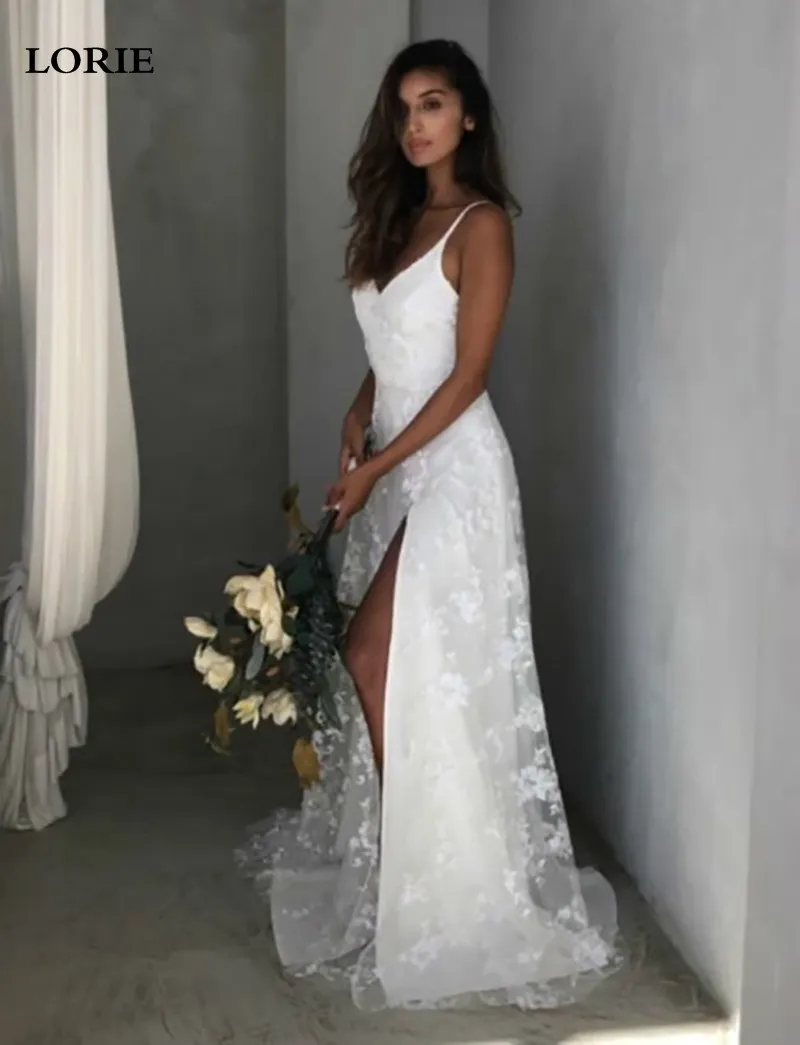 LORIE Strandhochzeitskleid Boho Vestido de Noiva Böhmisches Spitzenbrautkleid Rückenfreies Spaghettiträger V-Ausschnitt Brautkleider