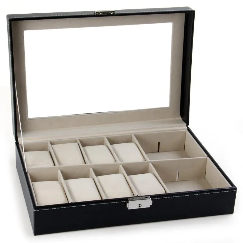 Titta på Boxes Cases Elegant Box Jewelry Storage Holder Organiserade 12 rutnät PU -läder Display Case Cajas Para Relojes3292