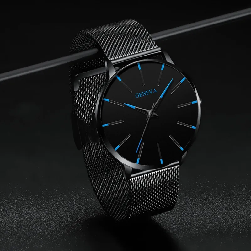 Genève Ultra mince hommes montres bleu pointeur loisirs Quartz montre-bracelet en acier inoxydable bracelet en maille cadran horloge cadeau Relogio Masculino1181f
