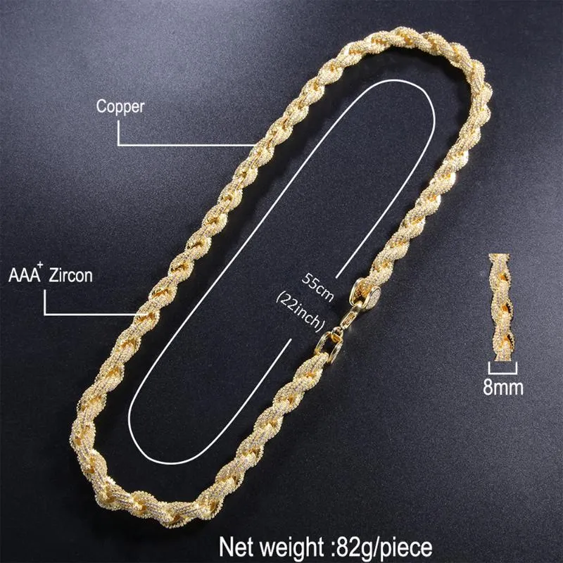 Łańcuchy hip hop pełne lodowe 8 mm 22 -calowe łańcuch liny Naszyjnik ED Link Złoty Srebrny kolor dla kobiet mężczyzn Mężczyzn biżuterii Prezent 226y
