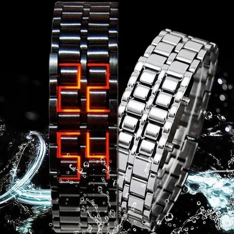 Moda masculina relógio masculino relógios de pulso digital de metal completo vermelho led samurai para homem menino esporte simples relógios relogio masculino13218