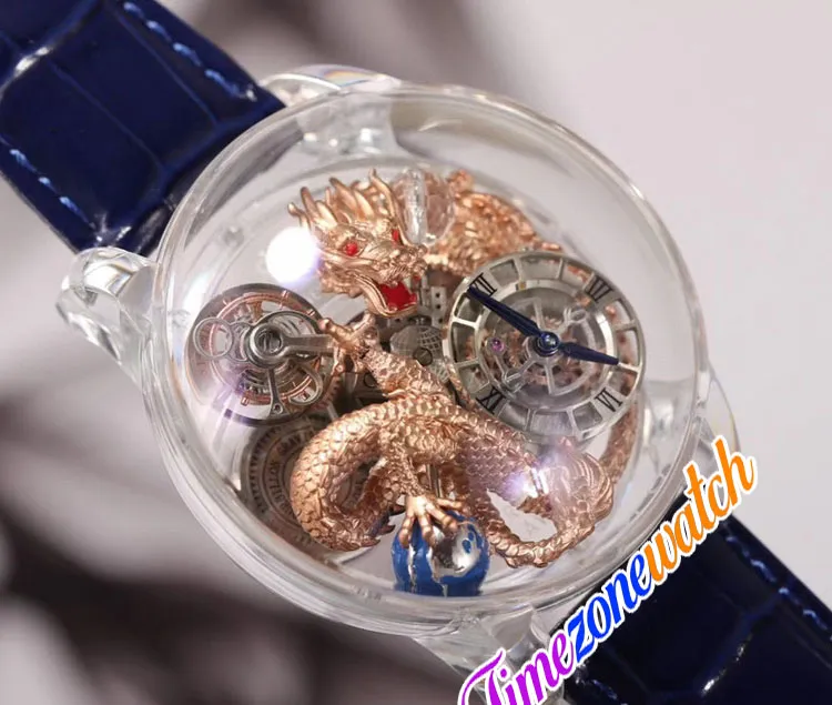 Astronomia Tourbillon Dragón de Oro Rosa Reloj de Cuarzo Suizo para Hombre Pieza de pavé Vidrio único Totalmente Transparente Grabado 3D Cuero Azul 268R