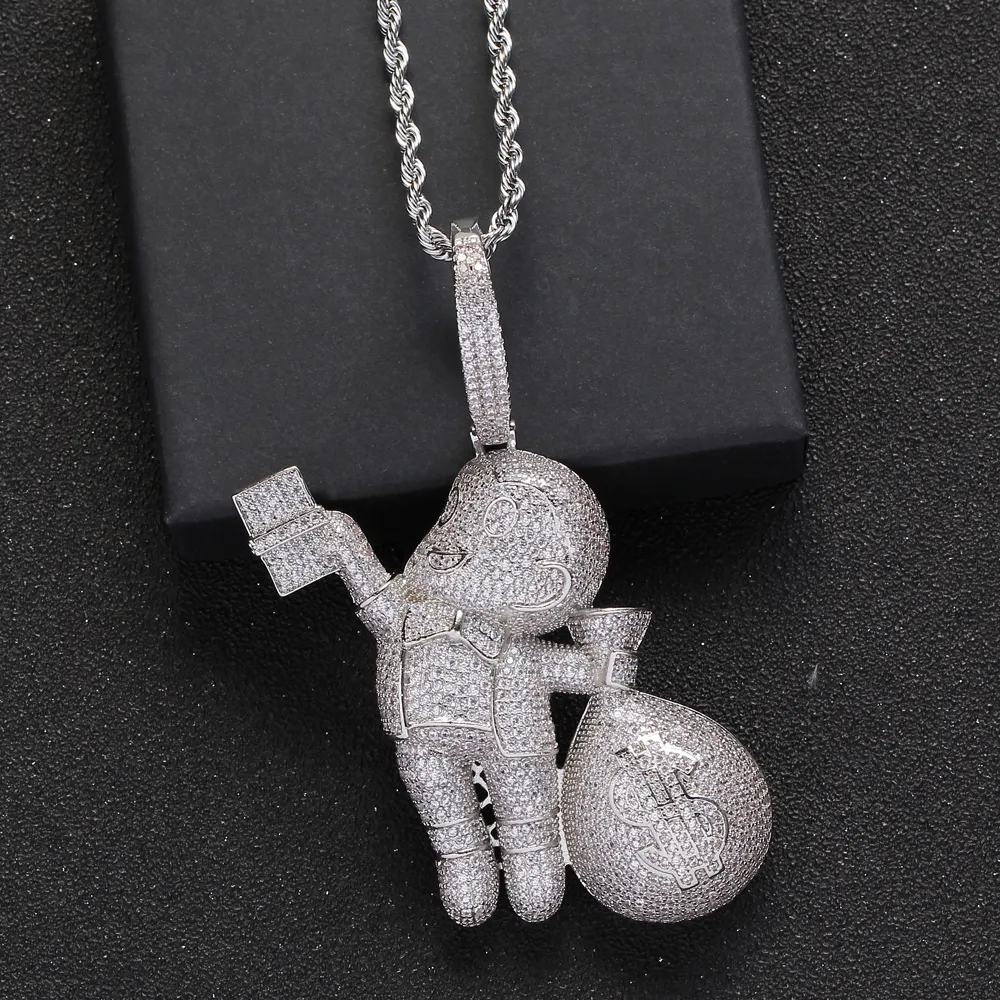 Petite taille de haute qualité en laiton CZ pierres dessin animé hommes sac d'argent collier Hip hop pendentif bijoux Bling Bling glacé CN199 Y1220253W