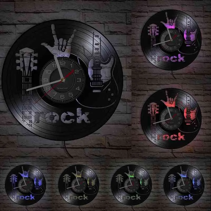 Rock Gitarre Vinyl Album umfunktioniert Schallplatte Wanduhr Rock N Roll Musik Zimmer Dekor Vintage Retro Musikinstrument inspiriertes Geschenk H1230