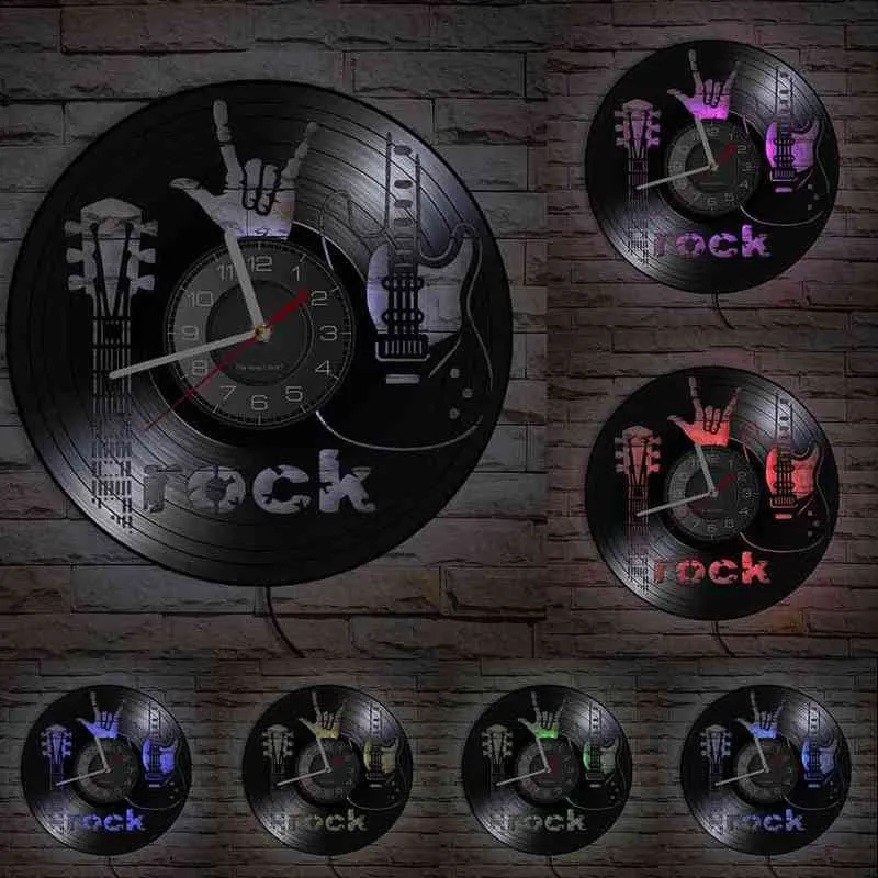 Rock Guitar Vinyl Album Re-re Рекордные настенные часы Rock N Roll Music Room Decor Vintage Ретро Музыкальный инструмент вдохновленный подарок H1230