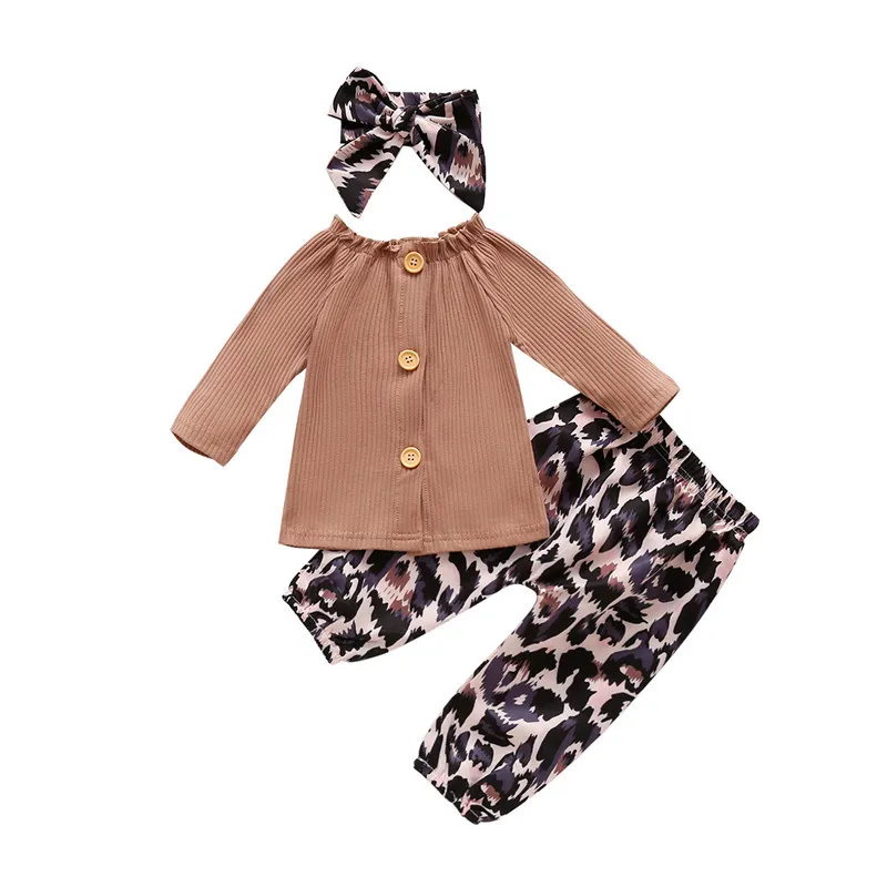 2020 del bambino della ragazza abbigliamento casual vestito manica lunga costine magliette stampa leopardo pantaloni larghi arco fascia abiti LJ201221