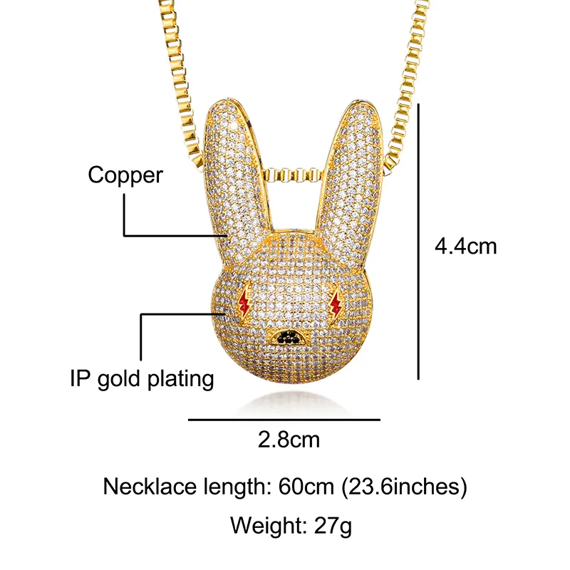 Hip Hop lodowane CZ aaa Bling Bad Bunny Cubic Zirkonia Naszyjniki wisiorki dla mężczyzn biżuterii z łańcuchem Y1220276D