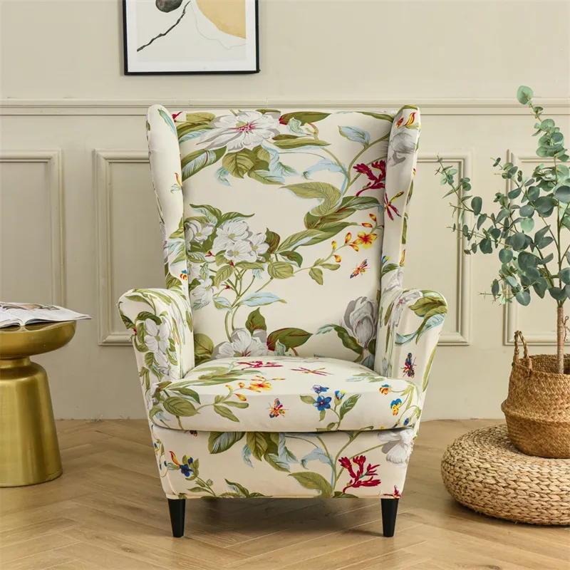 Floral Printed Wing Chair Cover Stretch Spandex Armchair Covers Nordic Removable Relax Sofa Slipcovers With Seat Cushion 220302