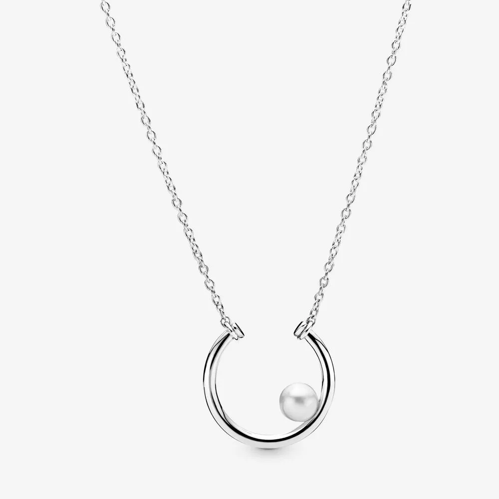 100% 925 Sterling Silver Offset Freshwater Cultured Pearl Circle Necklace Fit European Pendants and Charms Fine Women Wedding Jewe260K