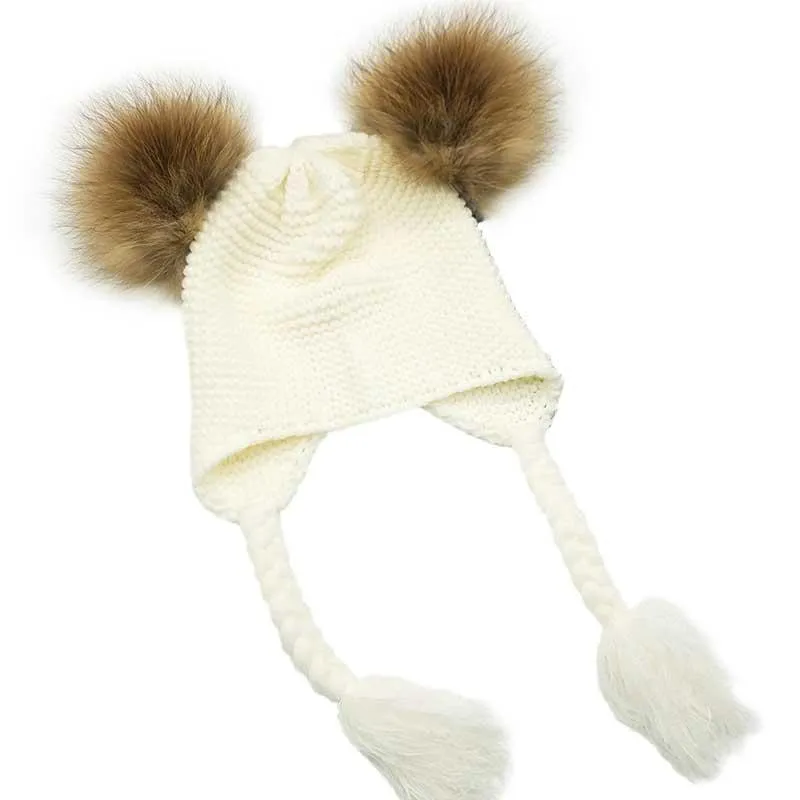 Kinderen Wol Gebreid Echt Bont Pom Pom Hoed Baby Meisjes Jongens Gehaakte Oorklep Winter Hoed Muts Echt Wasbeer Bont pompom Voor Kinderen293U