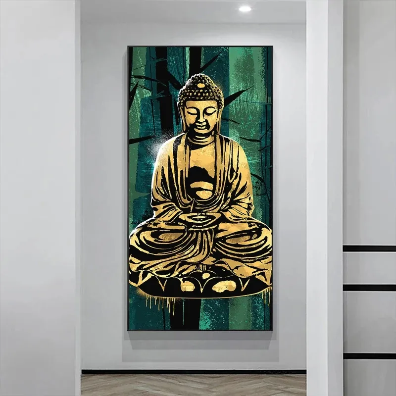 Meditazione in oro Statua di Buddha Dipinto ad olio su tela Poster Sfondo verde Buddista Stampa artistica su parete Immagine Soggiorno Decor