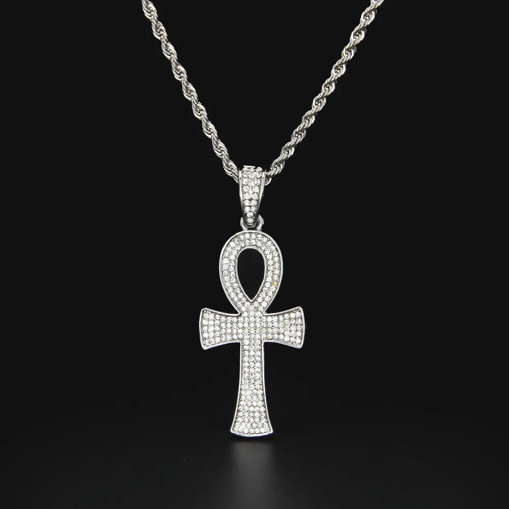 Pendentif croix égyptienne en cristal CZ, collier plaqué or et argent, bijoux avec chaîne cubaine de 3mm et 24 pouces, lbd247P