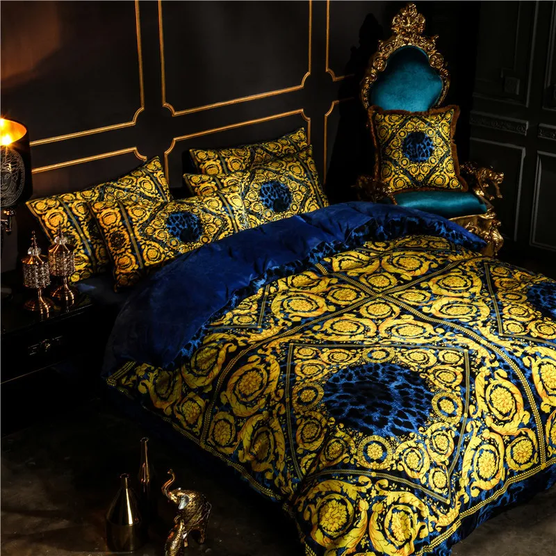 ホワイトゴールドヨーロッパの贅沢なクラシック寝具セット冬の厚いベルベットフリースフリース羽毛布団カバーベッドリネンフィットシート枕カバーC207H