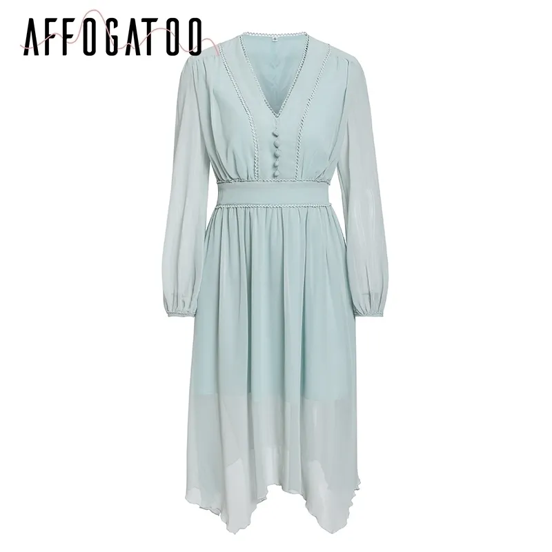 Affogooo manica lunga chiffon donna vestito estate 2019 elegante pizzo con scollo a V vestito casual asimmetrico romantico abito midi menta verde T190606