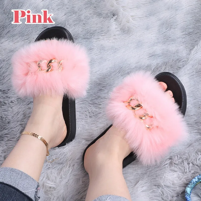 Fluffy Flip Flops Real Fox Raccoon Fur Slippers Designer Golden Chain Slides Plush Beach Women Summer Sandals 0227