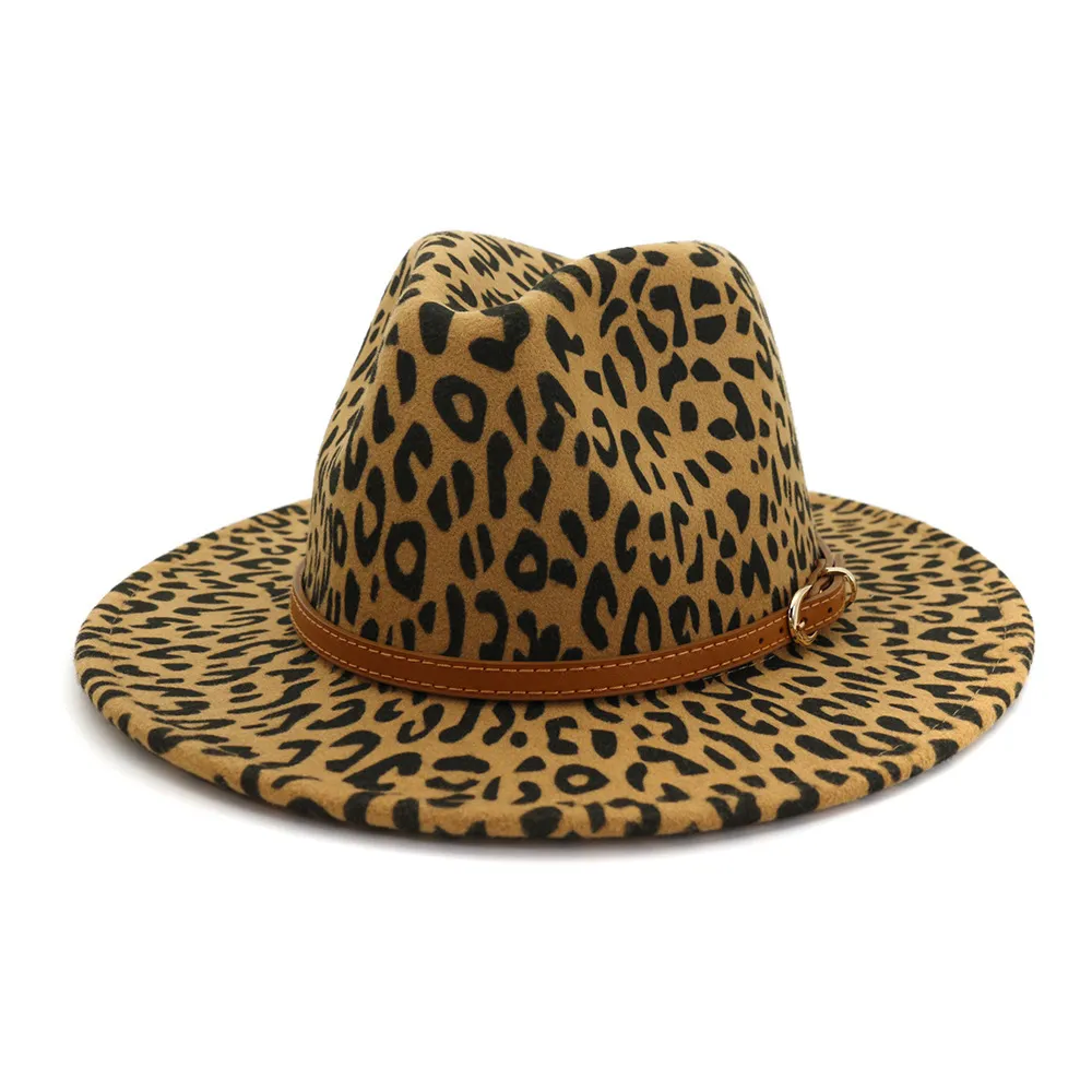 Vinter leopardtryck fedora hattar för kvinnor mode platt bred grim ull filt jazz fedora hattar för män leopard goth topp vintage wedd286m