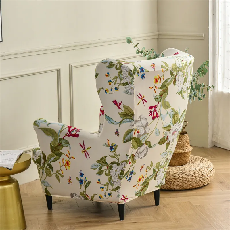 Floral Printed Wing Chair Cover Stretch Spandex Armchair Covers Nordic Removable Relax Sofa Slipcovers With Seat Cushion 220302