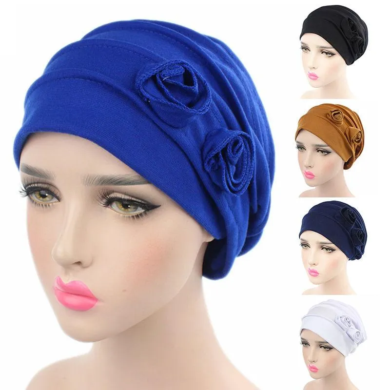 Femmes fleur musulman cheveux casquette élastique mode chimio coton tête enveloppement couleur unie chapeau chapeaux Turban Caps1263b