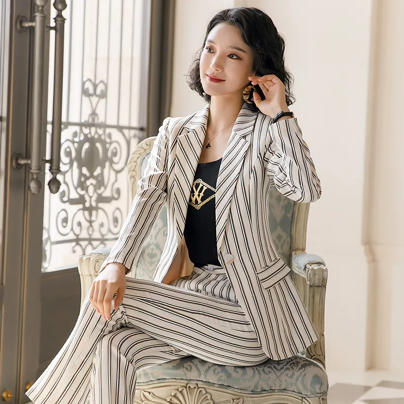 2020 new professional pants suit feminine High quality striped women's blazer Elegant career interview clothing female overalls T200818
