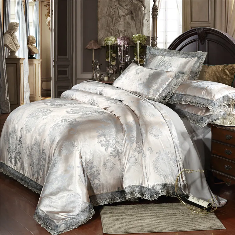 Home textile silver bedding set Jacquard Lace duvet cover set bed linen European bed cover luxury golden flat sheet scallop L7899624