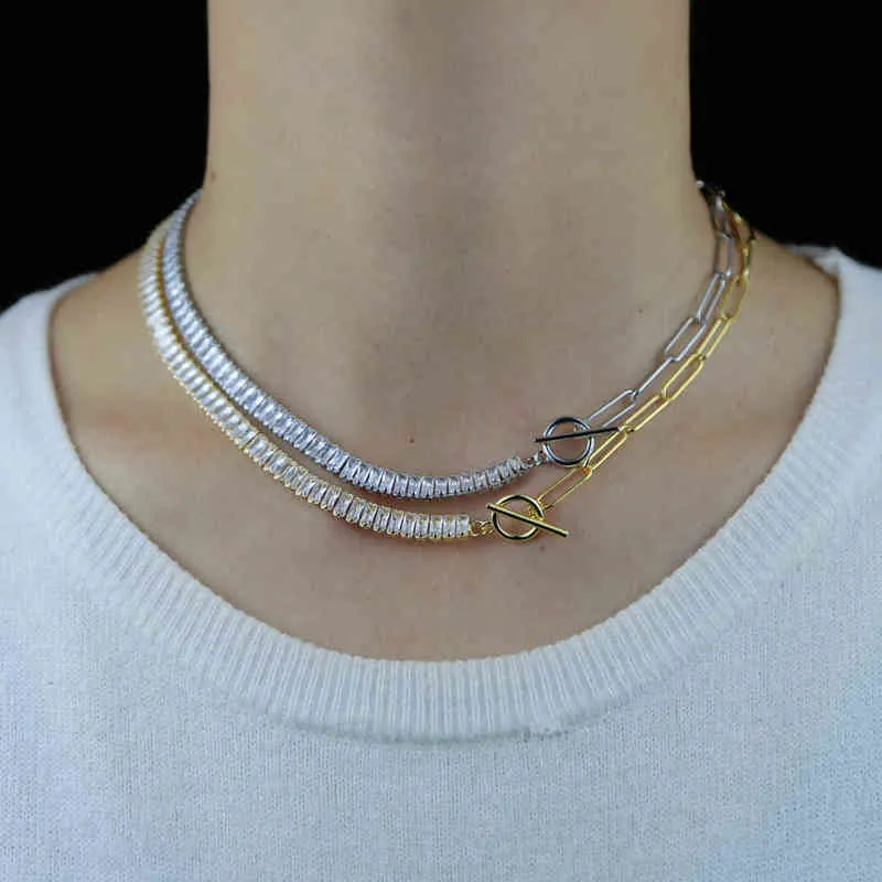 Collares colgantes rect￡ngulo de hielo circonio c￺bico cz cadena de tenis medio enlace abierto alternativa broche nuevo collar de gargantillas de mujeres de moda 220210245O
