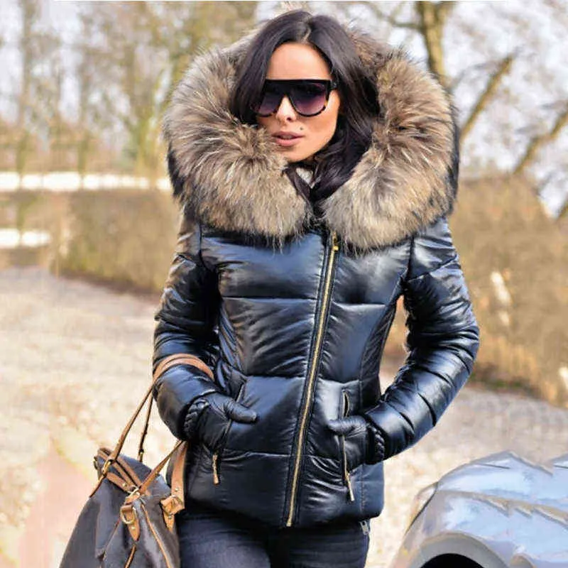 Winter Black Woman Jacket Fur Hooded Long Sleeve Thick Coats Female Zipper Casual Solid Color Warm Jackets Parkas Clothes 211216