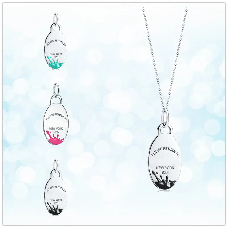 New ladies sterling silver classic cyan pink egg-shaped splash splash enamel silver necklace jewelry couple holiday gift LJ2010092775