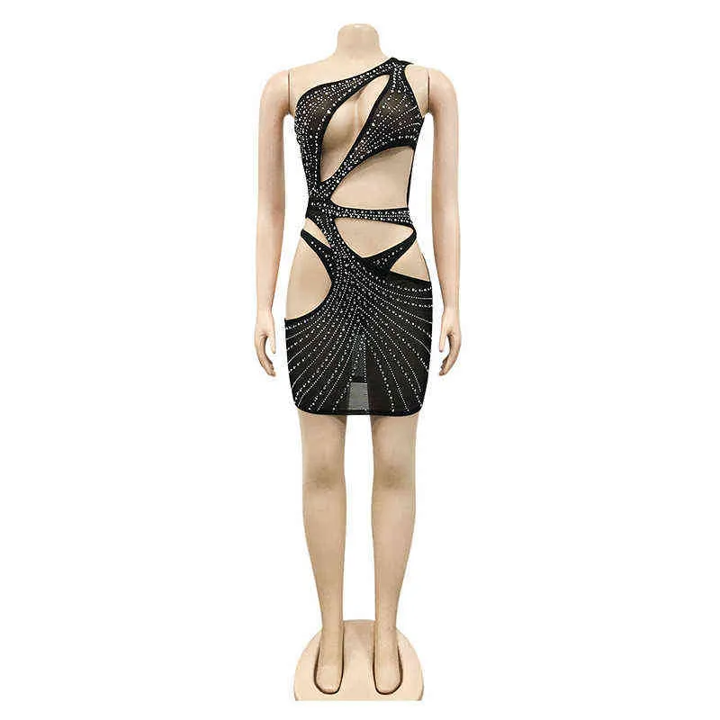 Krimeesseen Sexig svart Sequined Crystal Mesh Hollow Out Mini Dress Kvinnor Höst One Shoulder Bodycons Party Clubwear Dresses Y220214