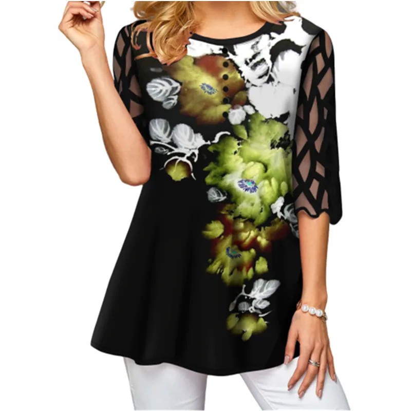 Organza Patchwork Long Shirt Print Women Floral Tshirts Plus Size 3XL 4XL 5XL Top Ladies Elegant Office Shirts New Summer Tees T200516
