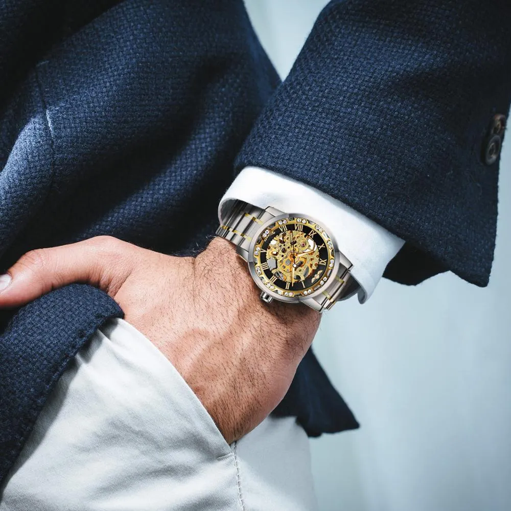 ПОБЕДИТЕЛЬ полые механические мужские часы лучший бренд класса люкс Iced Out Crystal модные панк стальные наручные часы для мужчин часы 201113243S