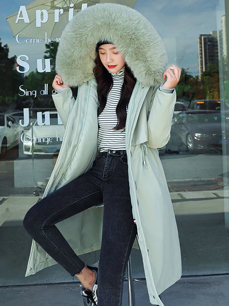 Vinterjacka för kvinnor Parkas Plus Size X-Long Korean Pleated Punk Style Sustans Värm ner bomullsrock Elegant Big Fur Collar 201027