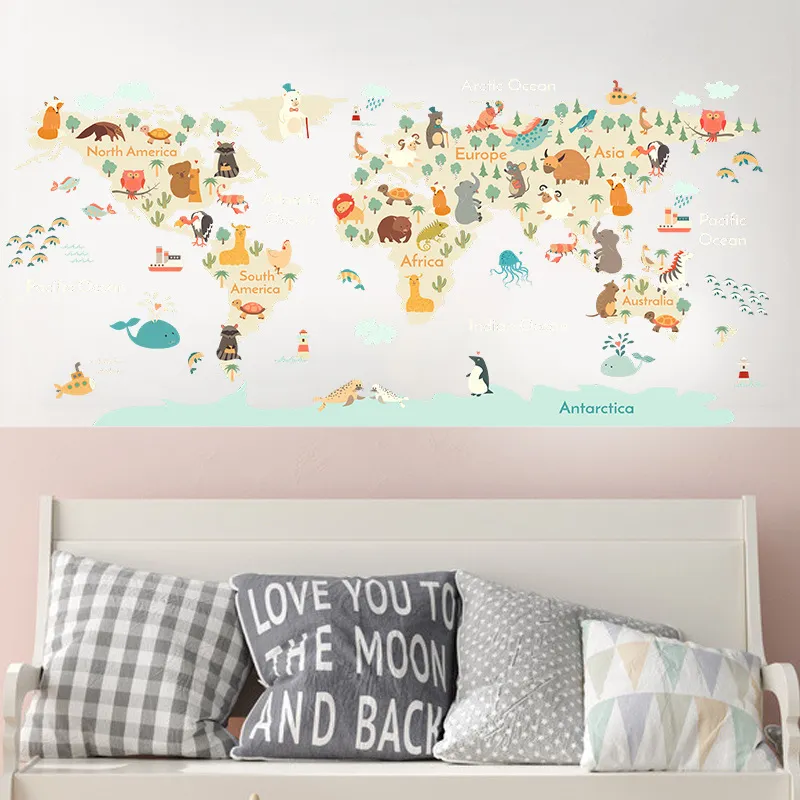 Cartoon Animals Map Wall Stickers for Kids room Bedroom Kindergarten Decor Vinyl PVC Decals Art Murals Home Decoration 220217