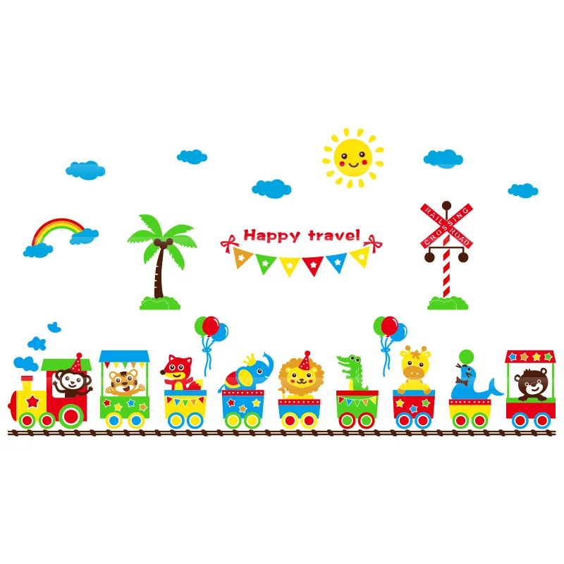 Cartoon Train Animal Wall Stickers 3D Barn rum Vägglayout Självhäftande babyrum Kindergarten Dekoration T200421