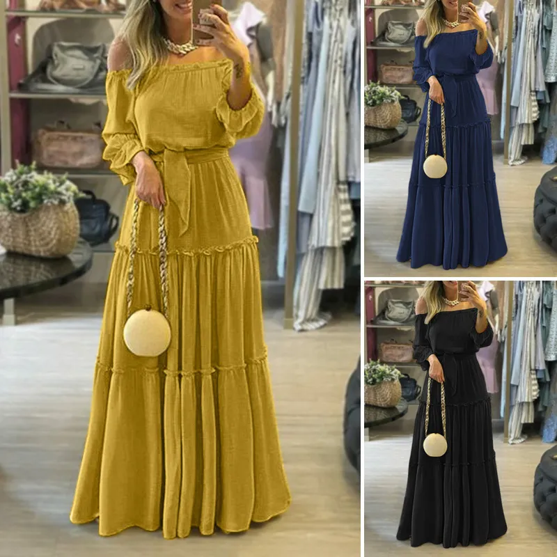 ZANZEA Fashion Off Shoulder Vestidos Female Lace Up Belted Dresses Beach Holiday Ruffle Robe Womens Bohemian Long Maxi Dress 5XL Y0118