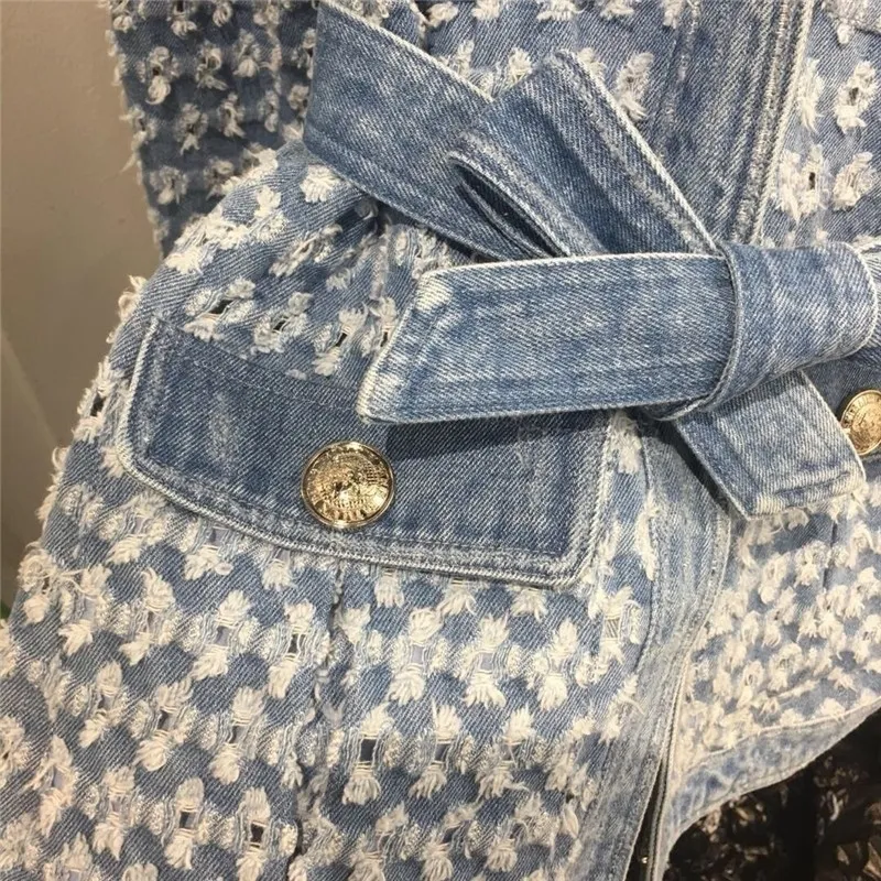 Vintage Blue Denim Jacke Mit Gürtel Taille Ripped Loch Frauen Mantel 2019 Herbst Langarm Taschen Streetwear Neue T200319