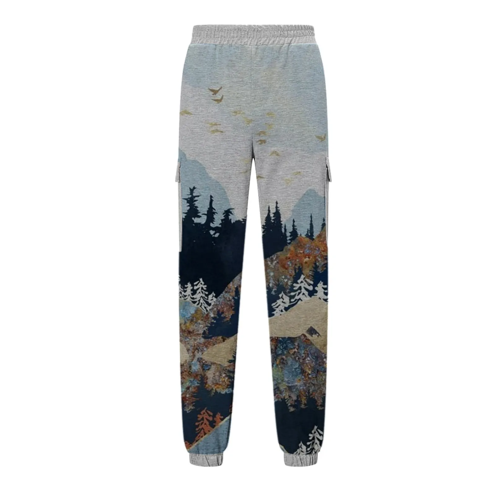 S-5xl Women's Plus Size Mountain Treetop Print Pocket Outdoor Sports Running Athletic Pants 201113