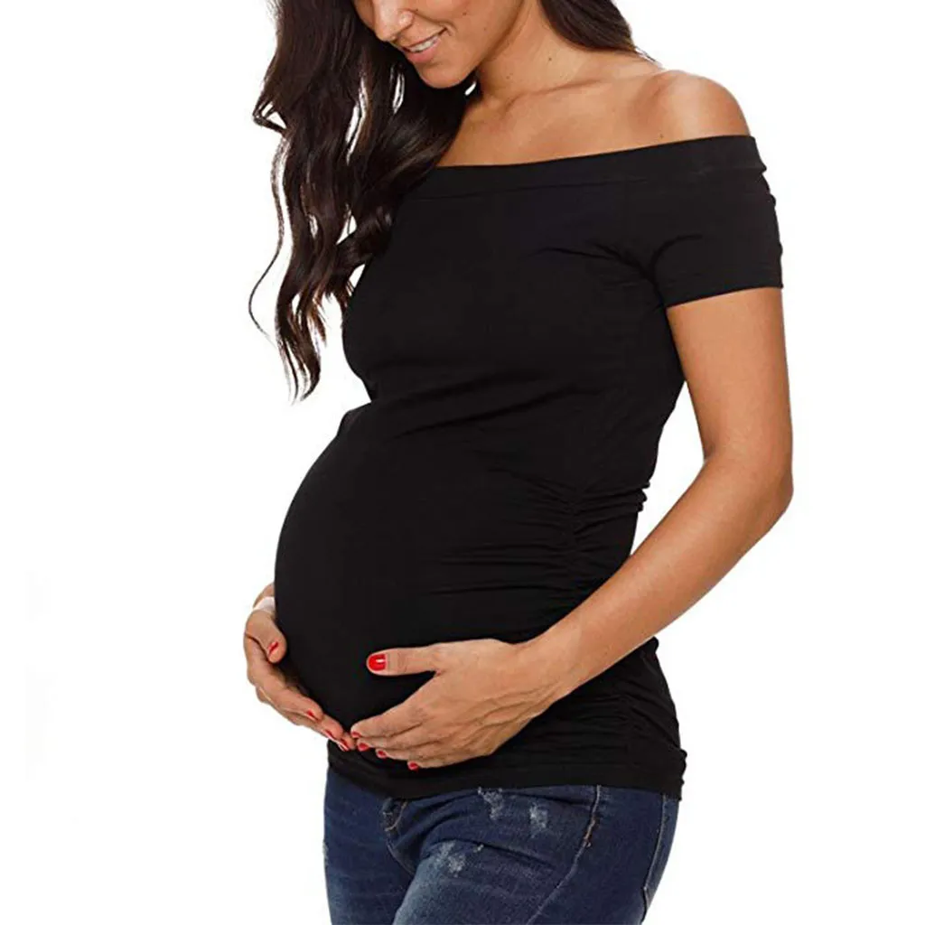 Nuovo 2020 Womens Maternità Top Off spalla manica corta lato increspato Gravidanza T-shirt abiti estivi classici la mamma incinta LJ201119