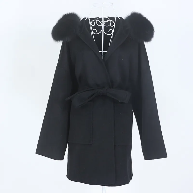 Oftbuy nieuwe oversized losse kasjmier wolmengsels echte bont jas winterjas vrouwen natuurlijke bont kraagkap bovenkleding riem 201112