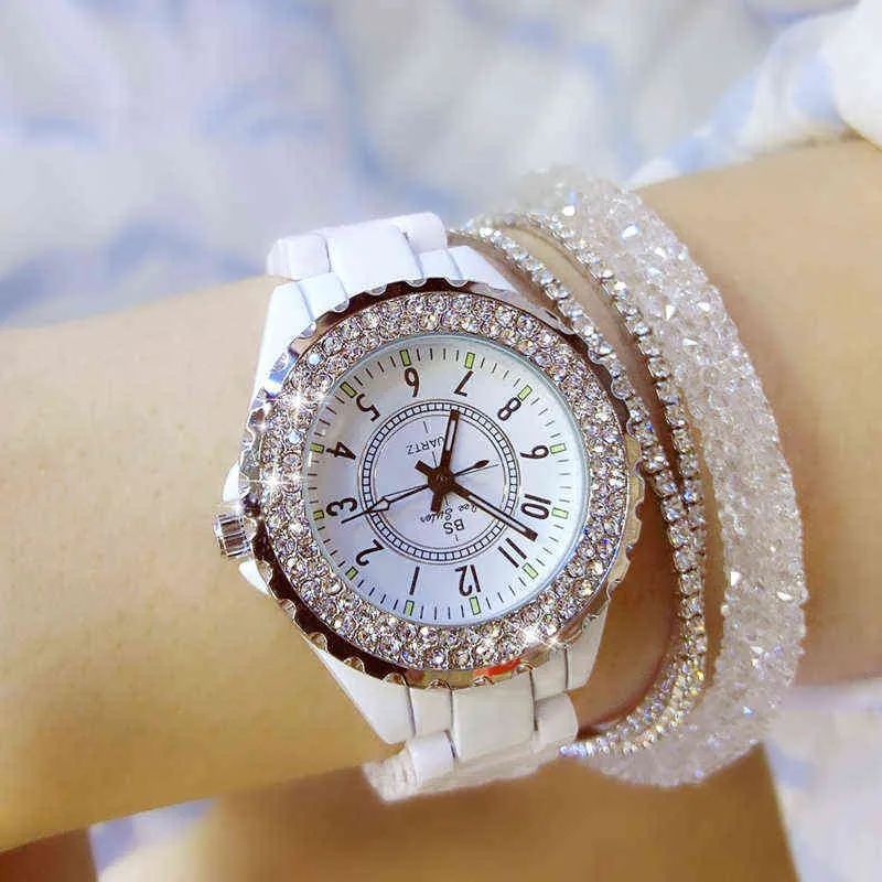 Luxury Crystal armbandsur Kvinnor Vita keramiska damer Watch Quartz Fashion Watches handledsklockor för kvinnlig 220111224Y