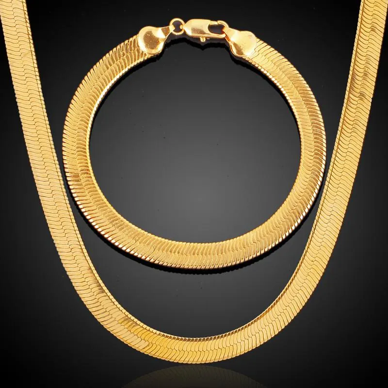 Серьги, ожерелье, 7 мм, классический стиль, плоские браслеты из змеиной кости, наборы браслетов для мужчин и женщин, цепочка в елочку, позолоченные ювелирные изделия314g