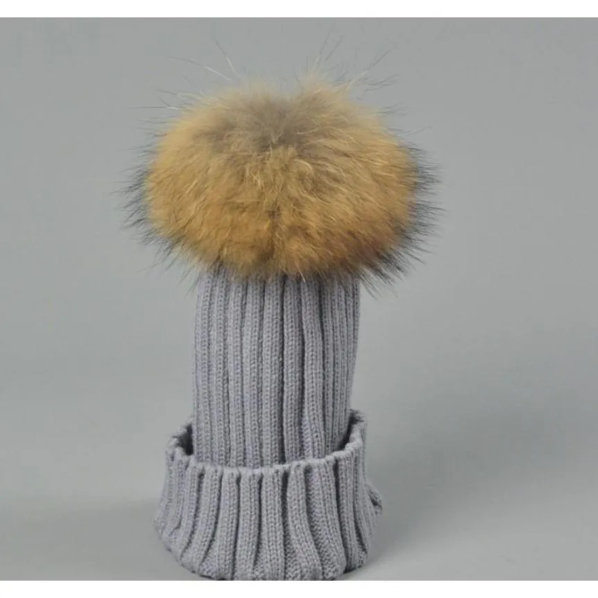 Designer Ladies Knitted Rib Beanies With Real Raccoon Dog Hair Ball Children Fancy Plain Fur Pom Winter Hats Womens K wmtuAT lucky232p
