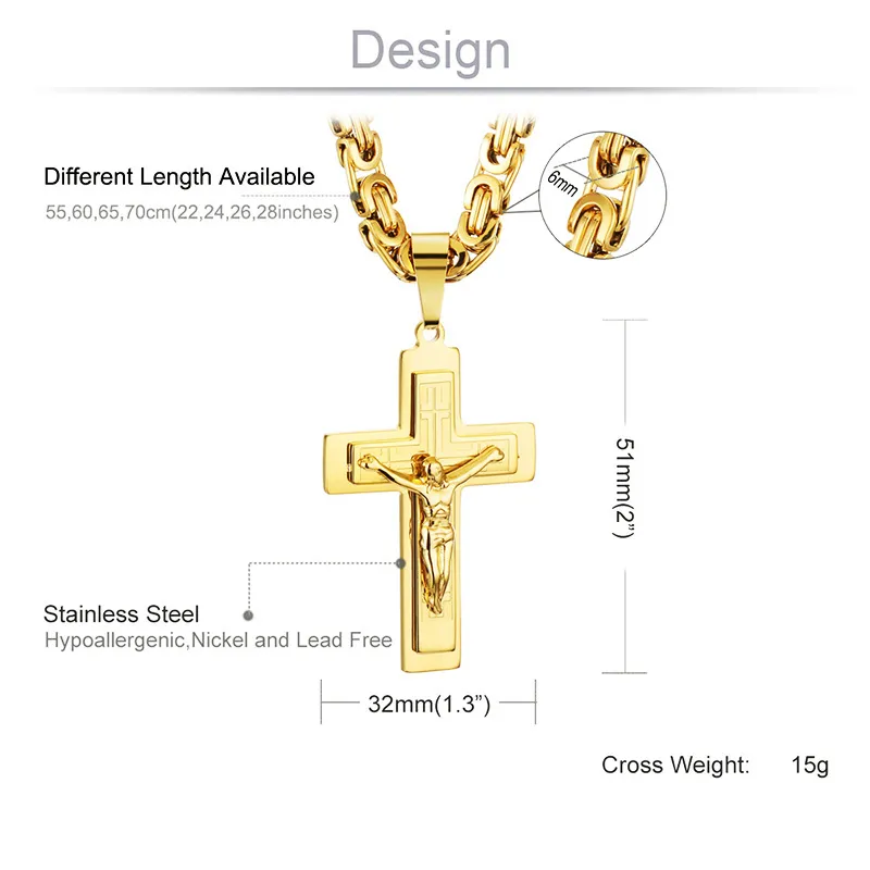 Religiösa män rostfritt stål Crucifix Cross Pendant Halsband Tunga bysantinska kedjehalsband Jesus Kristus Holiga smycken gåvor Q112294T