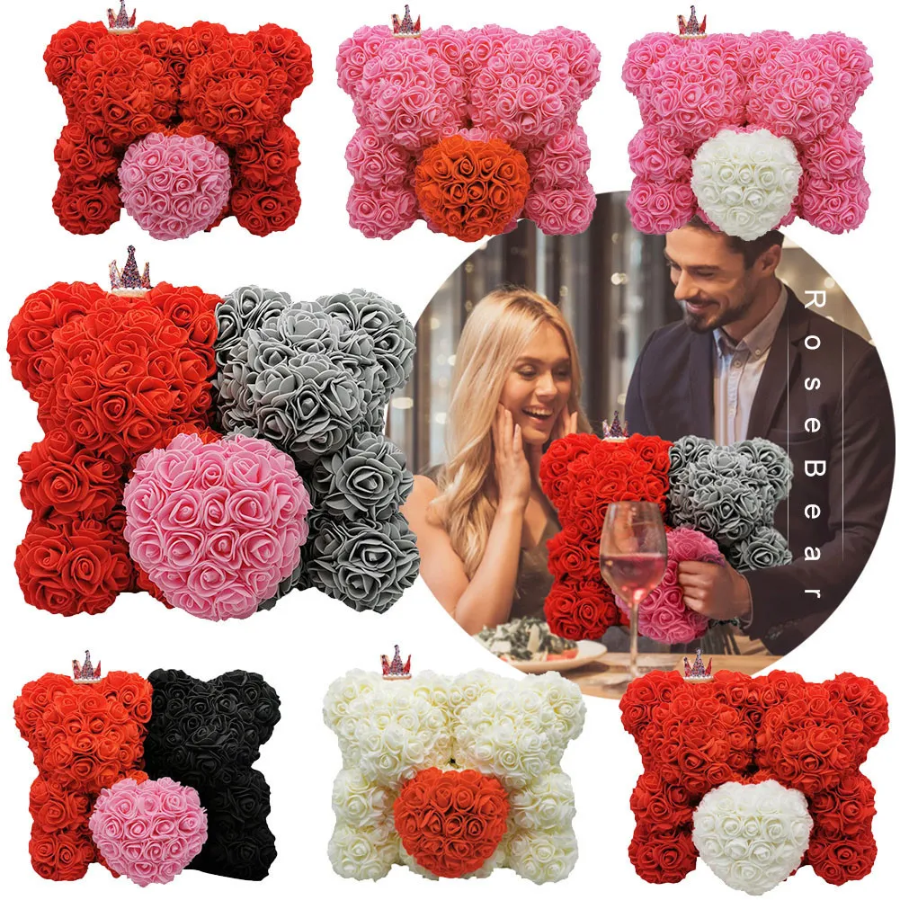 10 tum Rose Bear Heart Artificial Flower Rose Teddy Bear For Women New Valentine's Gift Birthday Party Wedding Dekorera T200524