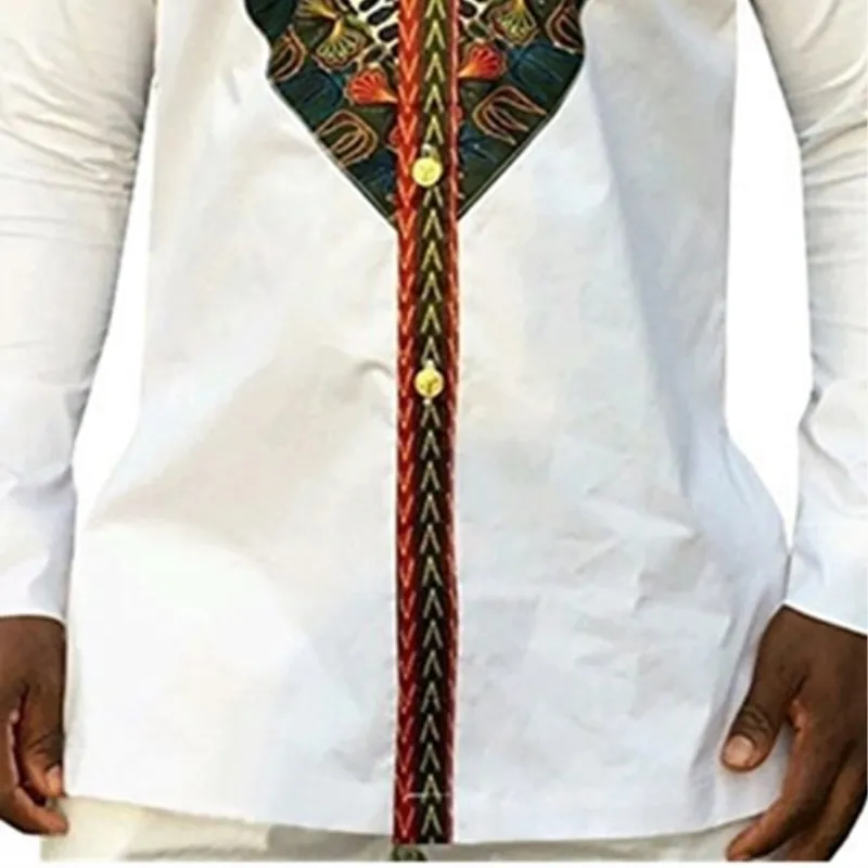 2020 Fashion Men's African Clothes Rich Bazin White Personalized Print Long Sleeve Shirt Kenya Nigeria South Africa Clothing 257v
