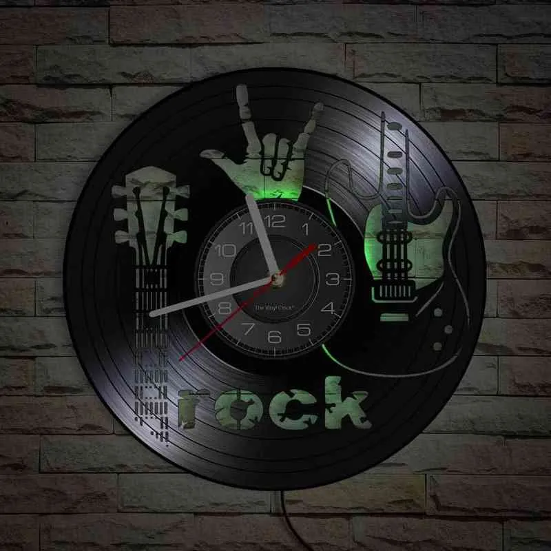 Rockgitarr Vinylalbum Re-Purposed Record Wall Clock Rock N Roll Musik Rumsinredning Vintage Retro Musikinstrument Inspirerad Gåva H1230