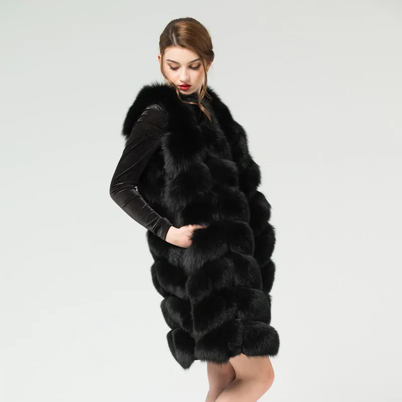 Real Fox Fur Vest Ytterkläder Fur Overcoat Lång design O-Neck Sweater Vest Waistcoat Women's 201212