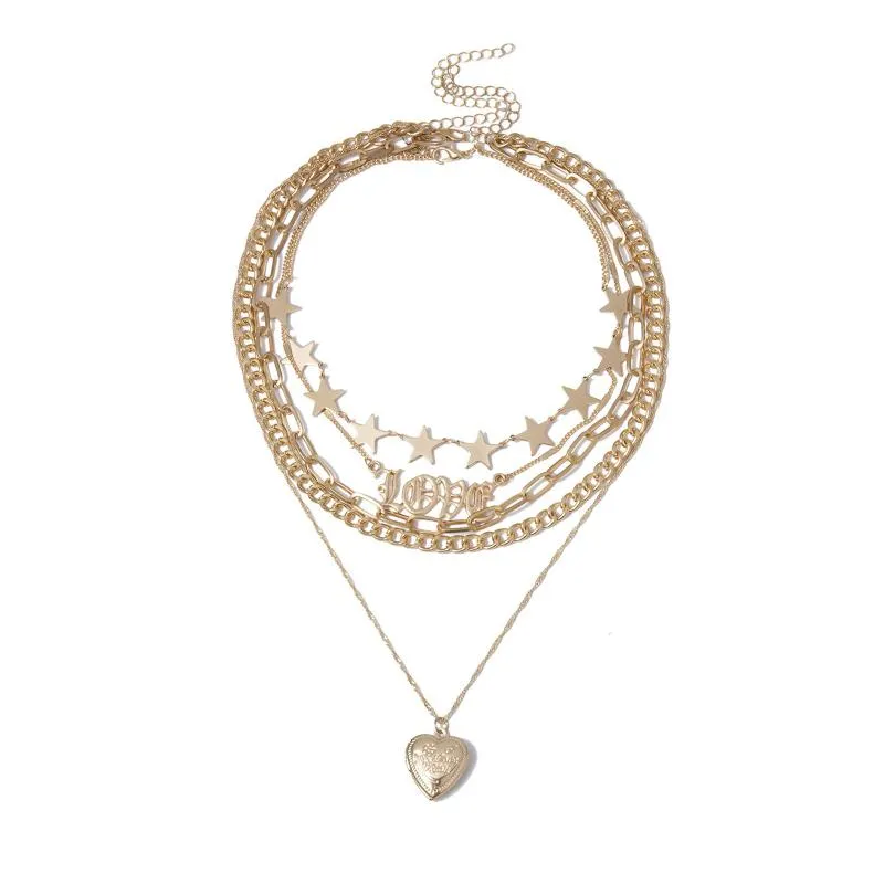Youvanic vintage em camadas de ouro corrente medalhão coração pingente colar carta amor estrela gargantilha para mulheres moda jóias colar 26141292p