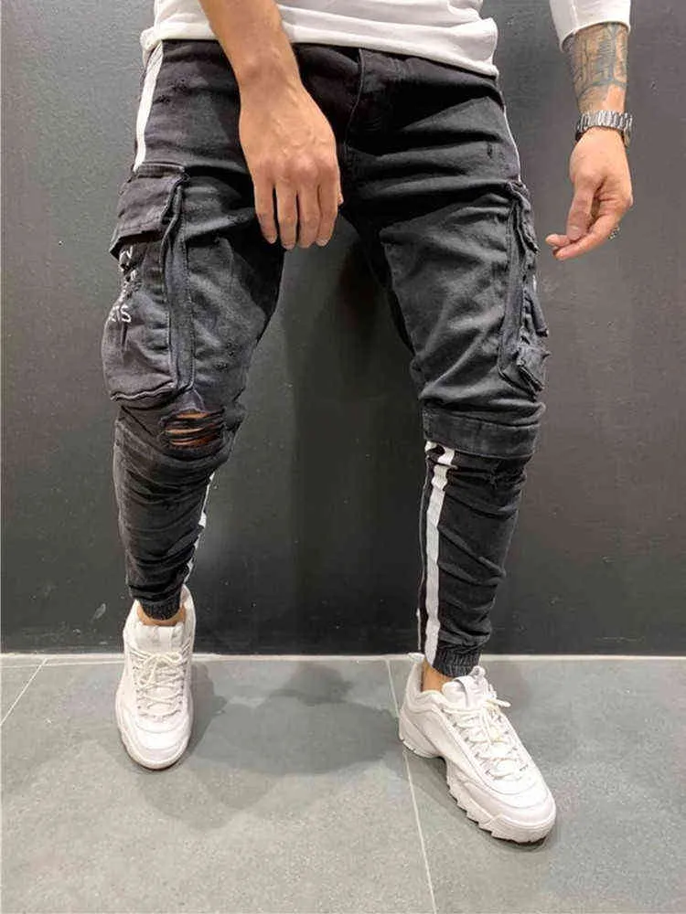 Jeans da uomo elasticizzati slim fit tascabili 2021 moda Casual Stripe Tearing Patchwork Pantaloni sportivi hip-hop taglia grande europea G0104